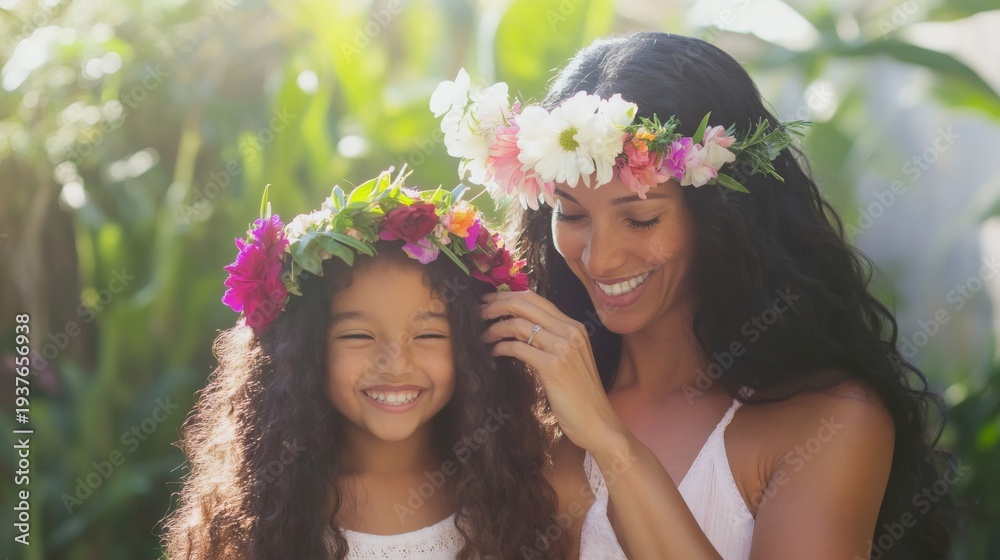 Naklejka premium Smiling hispanic mother arranging colorful flower crown on her daughter's curly hair in a tropical garden celebrating mother's day, enjoying a tender moment of affection and care