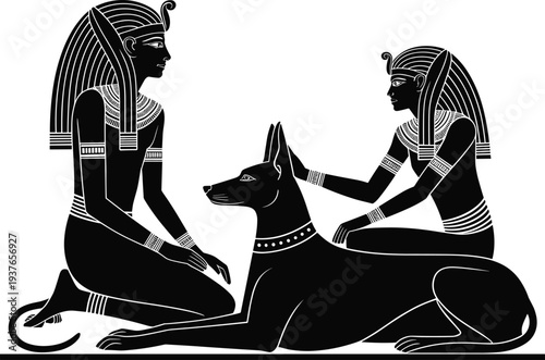 Ancient, Egyptian, Women, Worshipping, Anubis, Jackal, God, Mythology, Black, Silhouette, Hieroglyphic, Style, Culture, Deity, Ritual, Pharaoh, Illustration, Symbol, Civilization, Heritage