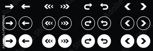 Arrow buttons icon set. Website slider navigation symbols. Next and previous rounded buttons for app. Web interface arrow buttons. Collection different arrows sign. eps 10