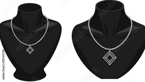 Jewelry necklace display bust set, elegant pendant chain on mannequin stand, luxury fashion accessory showcase vector illustration isolated