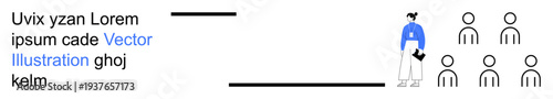 Education, teamwork, leadership, business training, communication, group discussions. A female presenter addresses a team of people in a clean, minimalistic layout. Education and teamwork highlighted