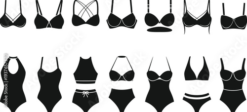 PrintWomen lingerie and swimwear silhouettes set, bra and swimsuit icons collection, fashion underwear vector isolated black design