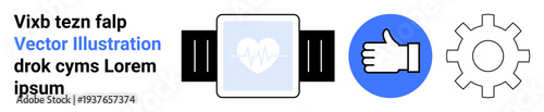 Technology, fitness tracking, user approval, interface design, digital tools, data visualization. A smartwatch with a heart icon, a thumbs-up symbol and a gear shape. Fitness tracking and technology
