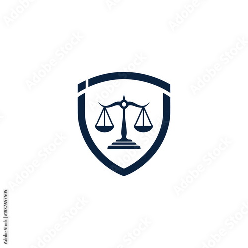 A dark blue shield emblem featuring a classic balance scale, symbolizing justice, law, and protection, on a white background.