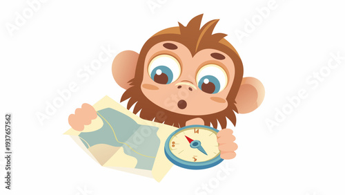 Curious monkey mapping treasure island with compass and map in hand excitedly