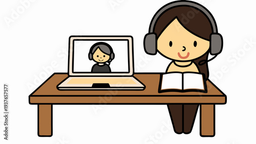 Cartoon girl wearing headphones attends online class on laptop e learning and education concept