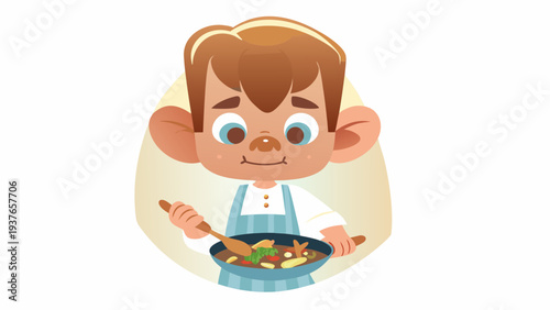 Friendly cartoon monster chef cooking a colorful vegetable dish in a kitchen with a spatula and frying pan