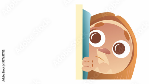 Shy monster hiding behind a signboard with a worried expression introvert concept illustration