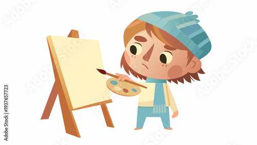 Cartoon artist painting on an easel with vibrant color palette and creative expression in a minimalist white background