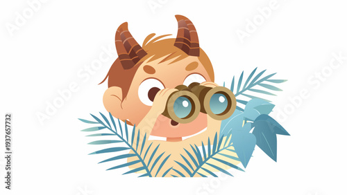 Cartoon character with horns and binoculars exploring jungle foliage with curiosity and wonder