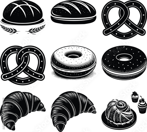 Black and white of assorted baked goods including bread pretzels bagels croissants and cupcakes