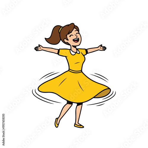 Happy Young Woman in Yellow Dress Dancing Freely with Joy