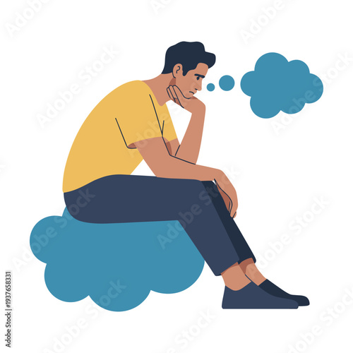 Man sitting on cloud with thoughtful expression and speech bubble