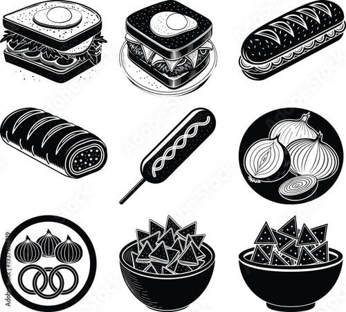 Black and white of sandwiches hot dog onions and tortilla chips corn dog nachos