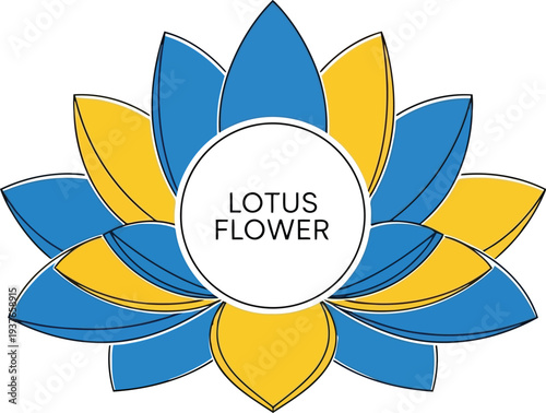 Stylized Lotus Flower in Blue and Yellow Colors Floral Design Element
