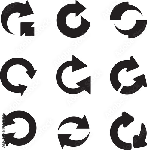 Black minimalist circular vector arrow icon set for refresh sync and navigation interface