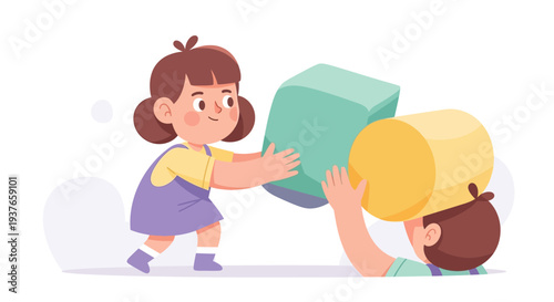 Children playing with colorful geometric blocks, building and learning together