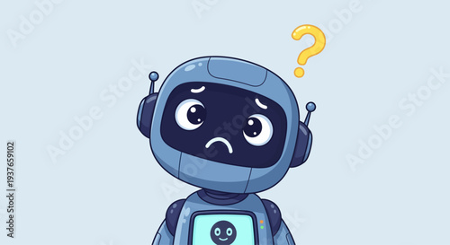 Confused robot with question mark, thinking, problem solving, artificial intelligence concept