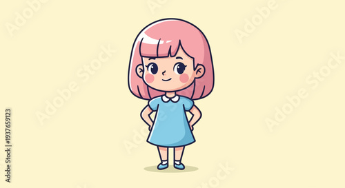 Cute anime girl with pink hair and blue dress, standing confidently
