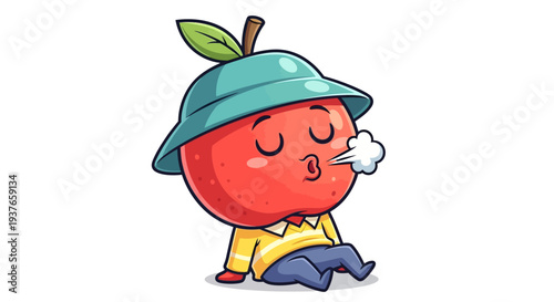 Cute apple character wearing a hat, blowing a kiss, cartoon style, isolated on white