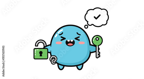 Cute Blue Blob Character Unlocks Padlock with Key, Success Concept