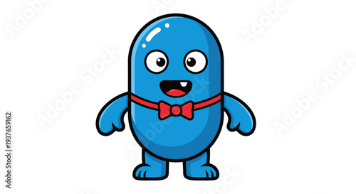Cute Blue Cartoon Monster with Bow Tie, Funny Character Illustration