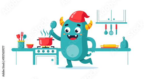 Cute Blue Monster Cooking Soup in Kitchen, Whimsical Character Chef Stirring Pot