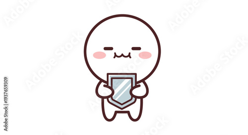 Cute cartoon character holding a shield, protecting itself, funny expression