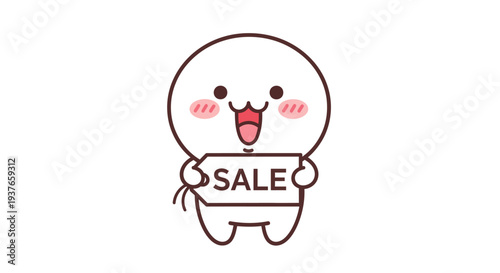 Cute cartoon character holding a sale tag, happy expression, isolated on white background