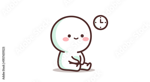 Cute cartoon character sitting and waiting next to a clock, simple illustration