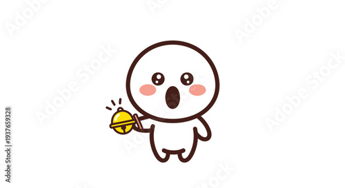 Cute cartoon character ringing a bell, surprised expression, white background