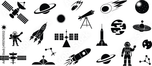 Collection of space exploration icons including rocket satellite astronaut telescope planets meteor galaxy universe astronomy vector illustration set for design