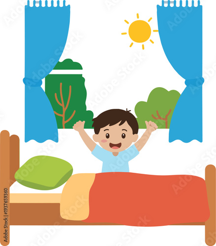 Adorable Cartoon Vector Illustration of Happy Boy Stretching in Bed Enjoying Morning Sunlight