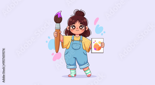 Cute cartoon girl artist holding a paintbrush and a painting, creative hobby, art class, illustration