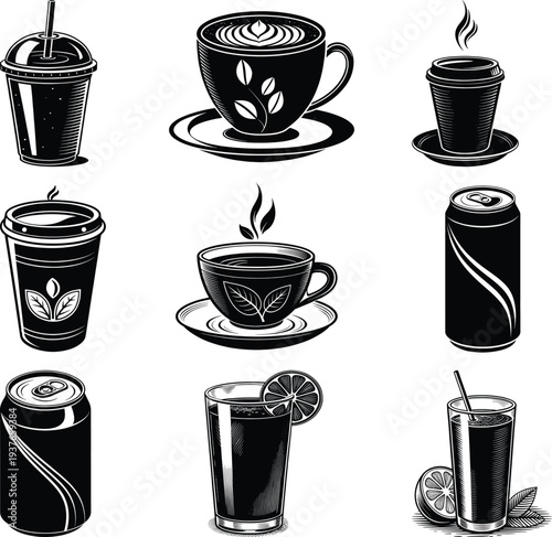 Black and white of various coffee and soda drinks cups