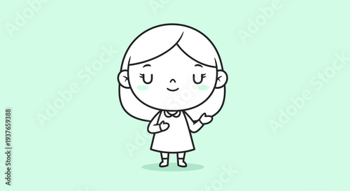 Cute cartoon girl with closed eyes and smiling, simple line art, pastel background