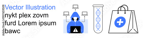 Cybersecurity, DNA analysis, healthcare, digital defense, genetics innovation, online medical services. A hacker in a hood, a DNA test tube and a healthcare shopping bag. Cybersecurity and DNA