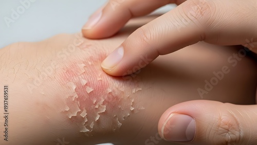 Chronic psoriasis and dry skin peeling condition. Flaky skin texture and autoimmune disorder. Close up of a finger touching a red scaly patch of dry skin on a hand