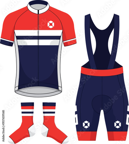 Professional Cycling Jersey and Bib Shorts Set in Red, White, and Blue with Matching Socks Vector Illustration