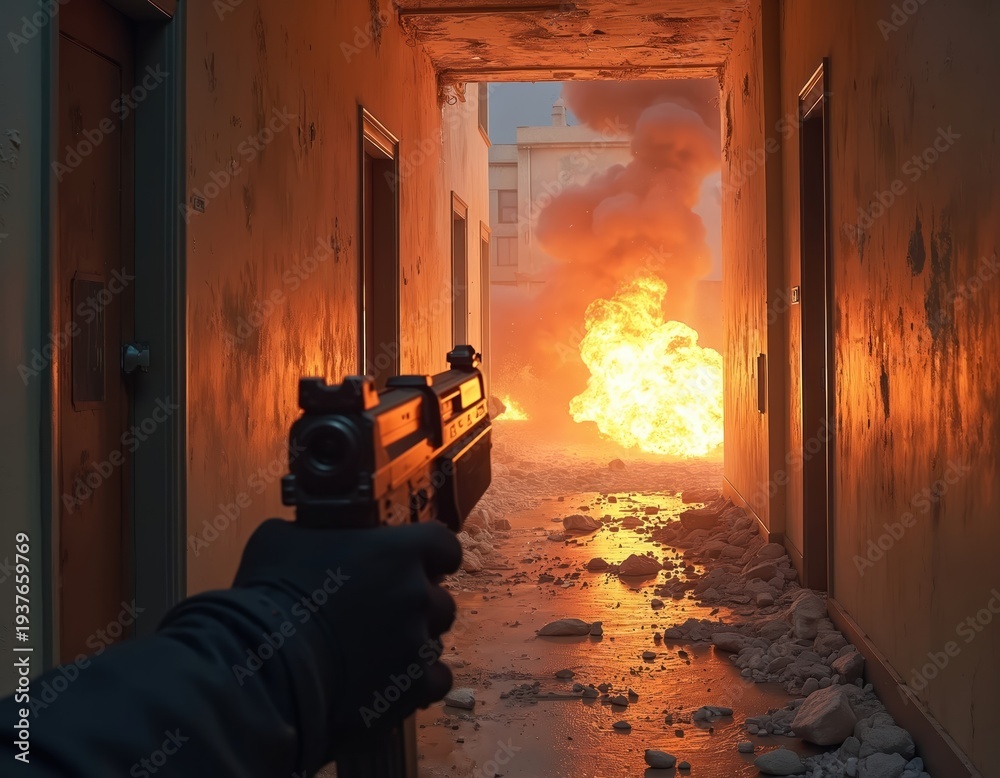 Fototapeta premium Hand holds gun looking down burning hallway. Debris litters floor, smoke billows from afar. Building interior engulfed in intense fire and destruction, chaos reigns.