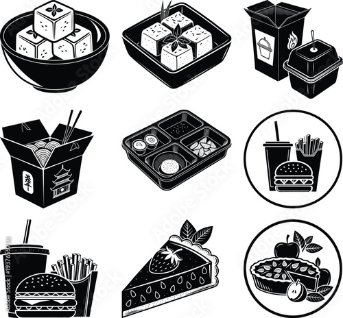 Black and white of various food and takeout containers collection tofu
