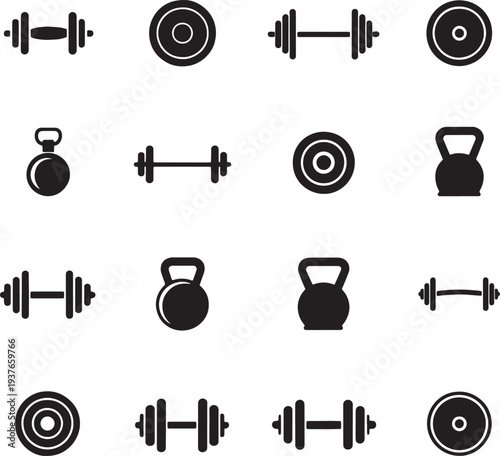 Black minimalist fitness gym vector  icon set with dumbbells barbells and kettlebells
