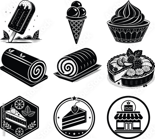 Black and white of various sweet treats and desserts sweets cakes cupcakes