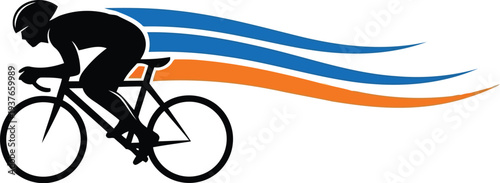 Cyclist Silhouette Racing with Dynamic Blue and Orange Speed Lines Vector Illustration