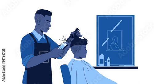 Barber cutting client's hair with electric clippers in salon, modern barbershop
