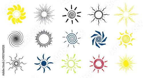 Collection of diverse sun icons, graphic symbols for weather, energy, and light