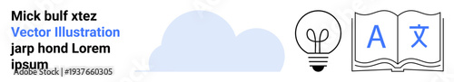 Education, translation services, innovation, creative ideas, language learning, cloud computing. Light bulb, cloud open book with text. Education and translation services concept