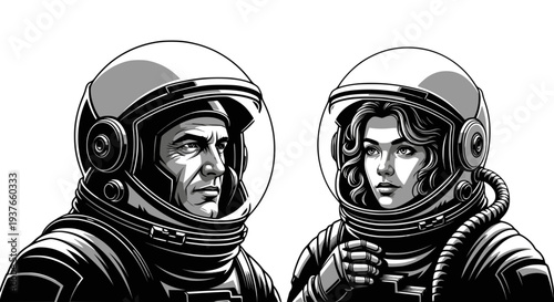 Two astronauts in space suits. Man and woman astronauts, B/W vector illustration. Transparent SVG version.