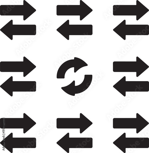 Black minimalist vector arrow set for sync transfer and data exchange interface