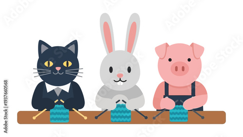 Cute animal characters cat rabbit and pig sitting at school desk